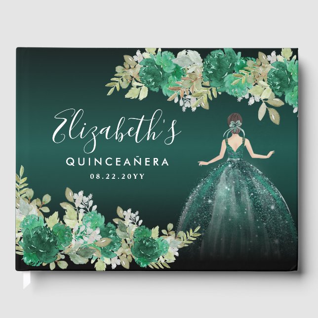 Floral Emerald Green Dress Birthday Quinceanera Guest Book (Front)