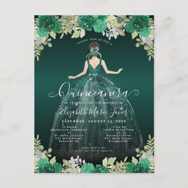 Floral Emerald Green Dress Birthday Quinceanera In Postcard (Front)