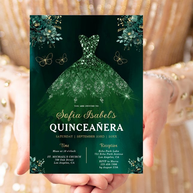 Floral Emerald Green Dress Birthday Quinceanera Invitation (Creator Uploaded)