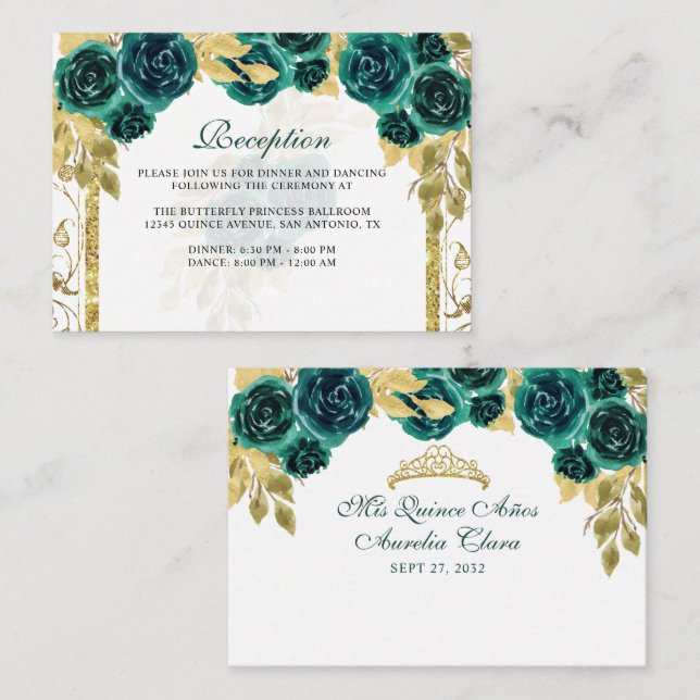 Floral Emerald Green Gold Arch Quinceañera Enclosure Card (Front/Back)