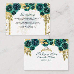 Floral Emerald Green Gold Arch Quinceañera Enclosure Card