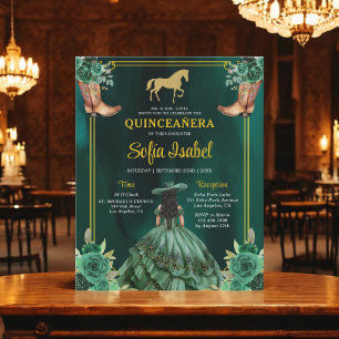 Floral Emerald Green Gold Boots Horse Quinceanera