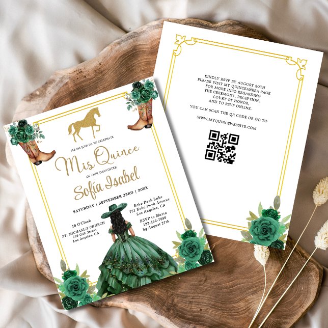 Floral Emerald Green Gold Boots Horse Quinceanera Flyer (Creator Uploaded)