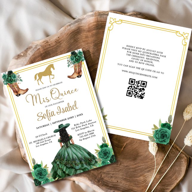 Floral Emerald Green Gold Boots Horse Quinceanera Invitation (Creator Uploaded)