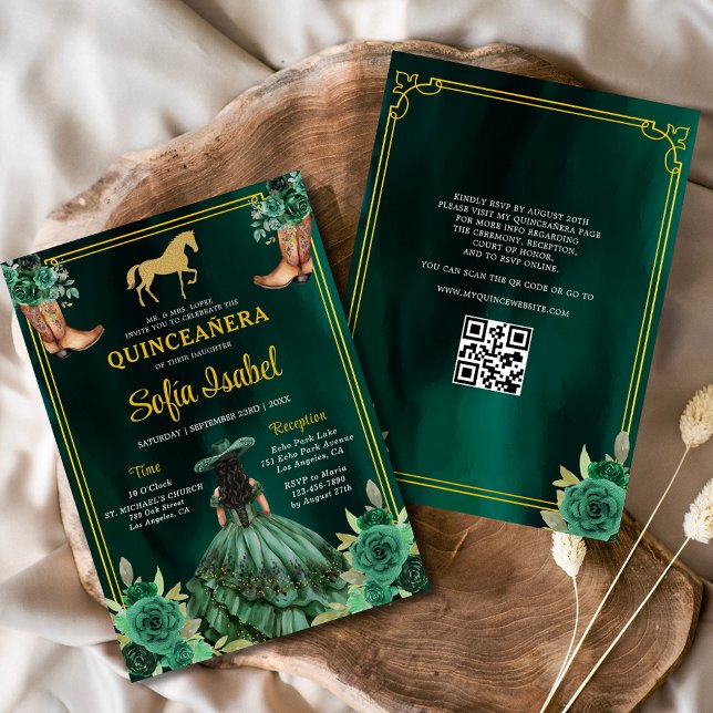 Floral Emerald Green Gold Boots Horse Quinceanera Invitation (Creator Uploaded)