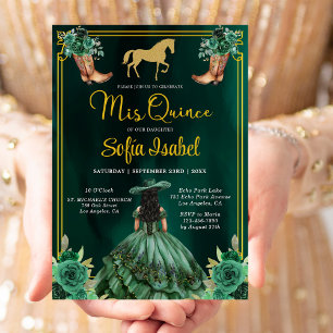 Floral Emerald Green Gold Boots Horse Quinceanera Invitation