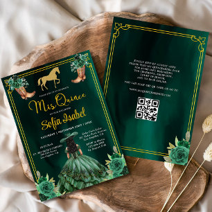 Floral Emerald Green Gold Boots Horse Quinceanera Invitation