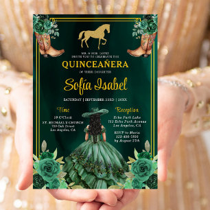 Floral Emerald Green Gold Boots Horse Quinceanera Invitation