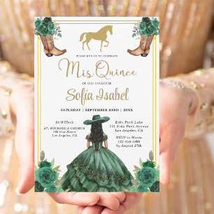 Floral Emerald Green Gold Boots Horse Quinceanera Invitation