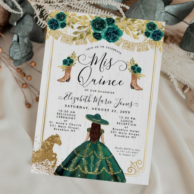 Floral Emerald Green Gold Boots Horse Quinceanera Invitation (Creator Uploaded)
