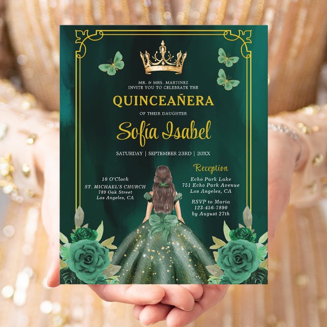 Floral Emerald Green Gold Butterfly Quinceanera (Creator Uploaded)