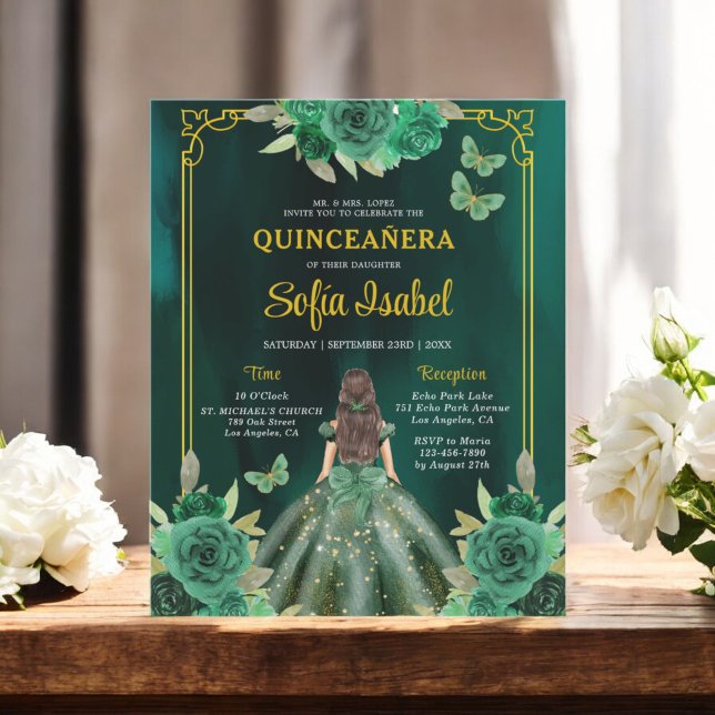 Floral Emerald Green Gold Butterfly Quinceanera Flyer (Creator Uploaded)