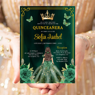 Floral Emerald Green Gold Butterfly Quinceanera Invitation