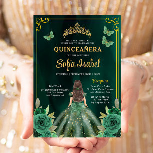 Floral Emerald Green Gold Butterfly Quinceanera Invitation