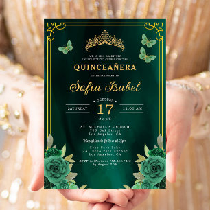 Floral Emerald Green Gold Butterfly Quinceanera Invitation