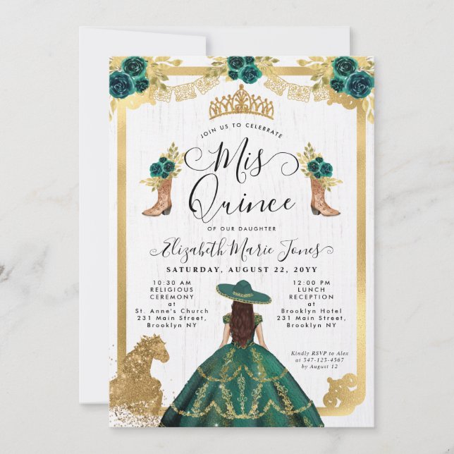 Floral Emerald Green Gold Tiara Charra Quinceanera Invitation (Front)