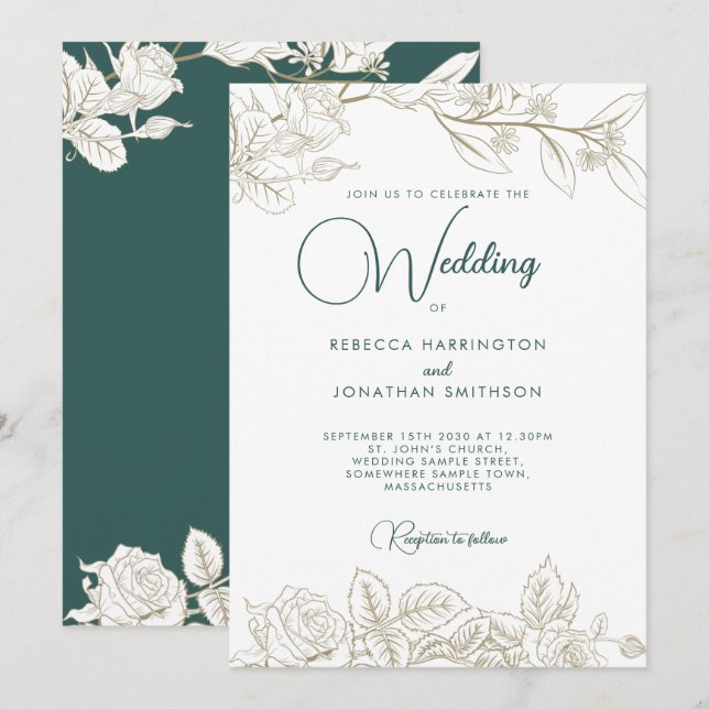 Floral Emerald Green Gold Wedding Invitation (Front/Back)