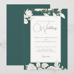 Floral Emerald Green Gold Wedding Invitation