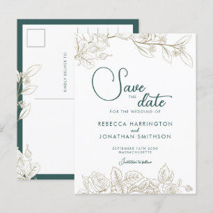 Floral Emerald Green Gold Wedding Save The Date Postcard