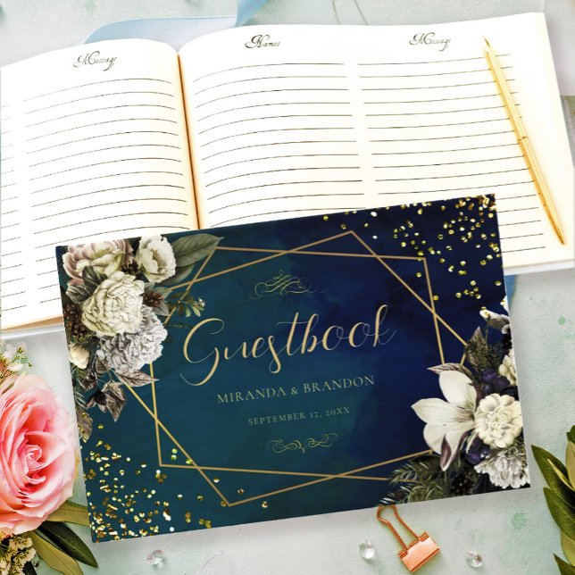 Floral Emerald Green Gold Wreath Wedding Guest Book (Creator Uploaded)