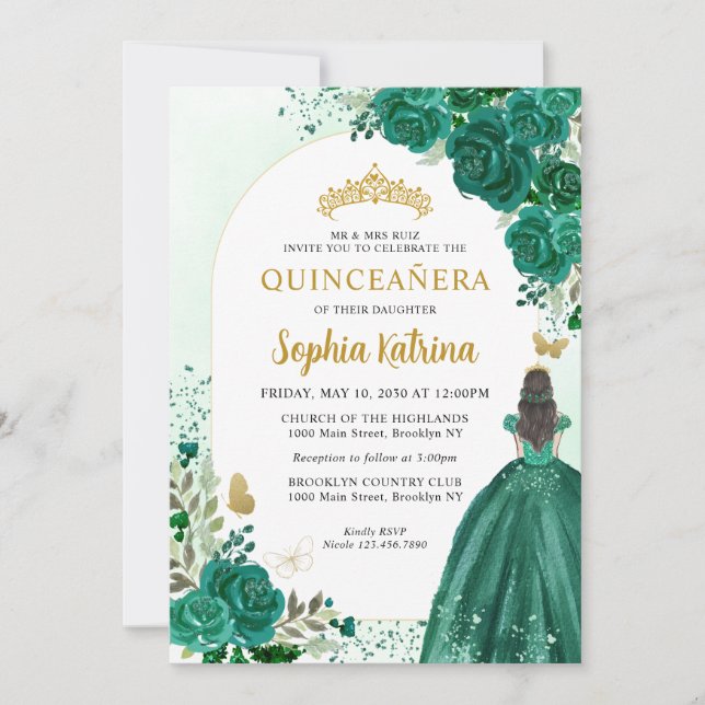 Floral Emerald Green Princess Birthday Quinceanera Invitation (Front)