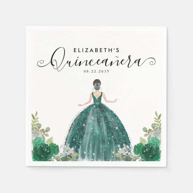 Floral Emerald Green Princess Dress Quinceanera Napkin (Front)