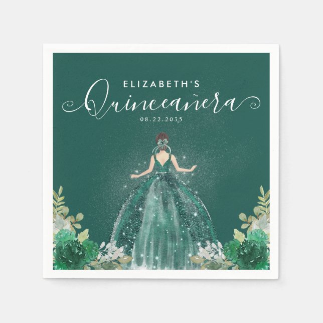 Floral Emerald Green Princess Dress Quinceanera Napkin (Front)