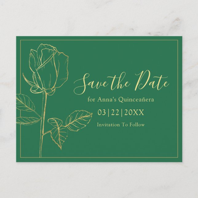 Floral Emerald Green Quinceanera Save The Date Postcard (Front)