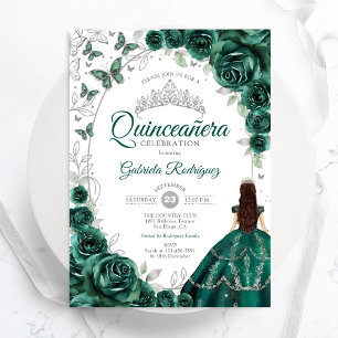 Floral Emerald Green Silver Quinceanera Invitation