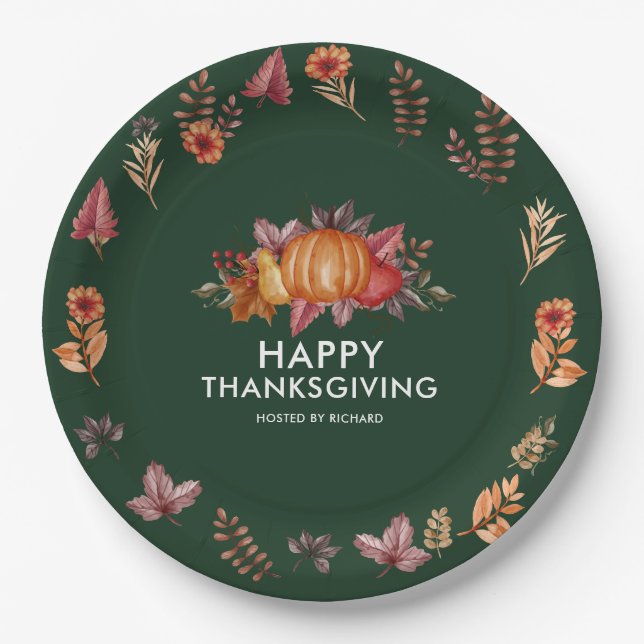 Floral Emerald Green Thanksgiving Dinner Paper Plate (Front)
