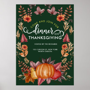 Floral Emerald Green Thanksgiving Dinner Poster