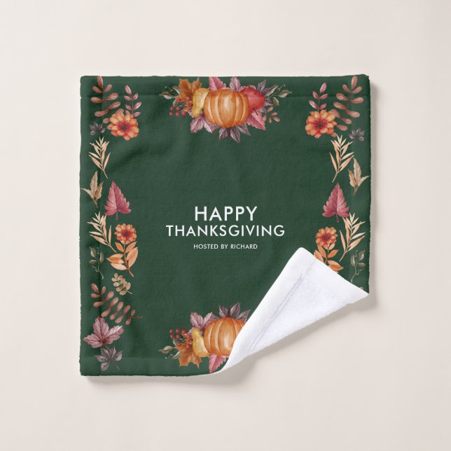 Floral Emerald Green Thanksgiving Dinner Wash Cloth (Wash Cloth)