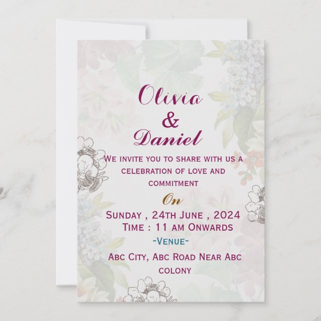 Floral English Wedding Invitations  (Front)