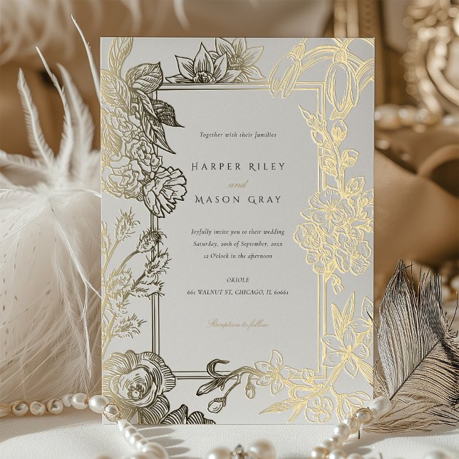 Floral Engraved Gold Foil Wedding Invitation (Creator Uploaded)
