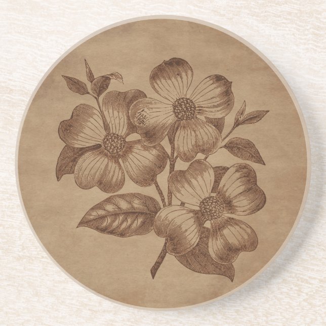 Floral Engraving on Aged Paper Coaster (Front)