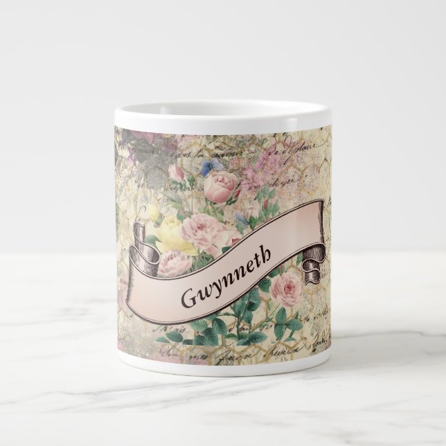 Floral Ephemera with Beehive Pattern and Name  Large Coffee Mug (Front)