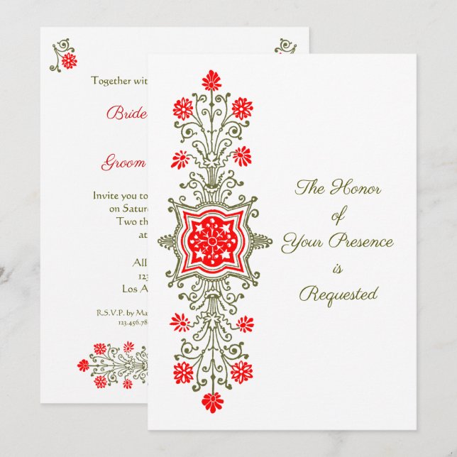 Floral Etching in Red and Golds Wedding Invitation (Front/Back)