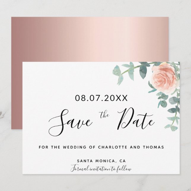 Floral Eucaluptus rose gold wedding save the date (Front/Back)