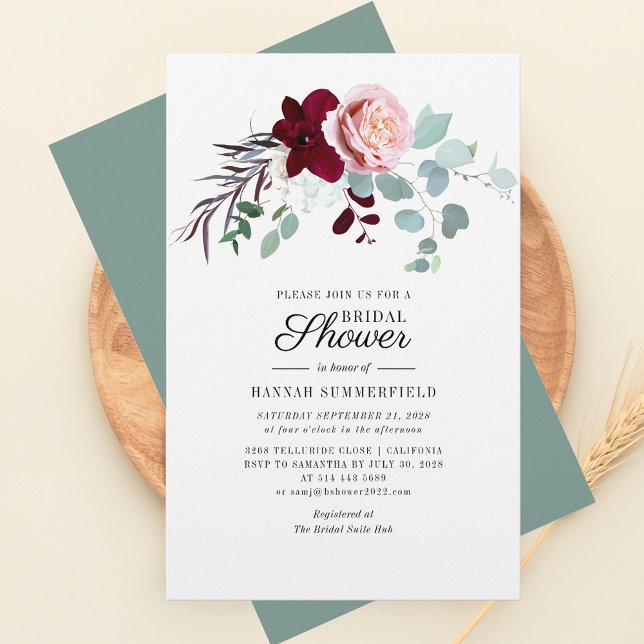 Floral Eucalyptus Bridal Shower Invitation Stationery (Pink Floral and Eucalyptus Script Bridal Shower Invitation)