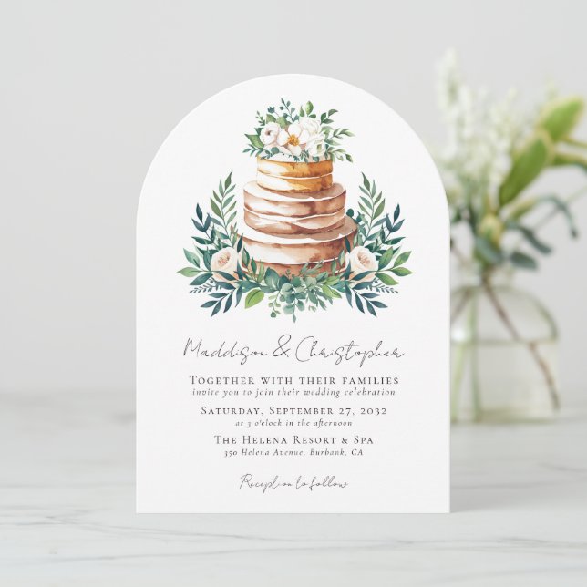 Floral Eucalyptus Cake Wedding Invitation (Standing Front)