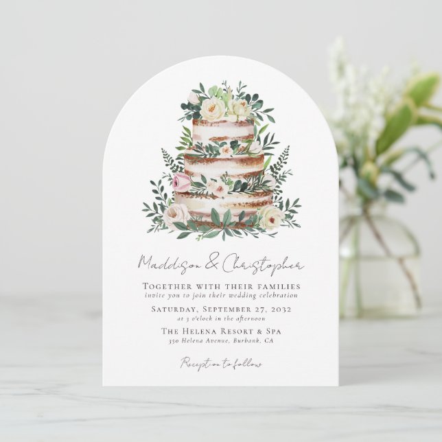 Floral Eucalyptus Cake Wedding Invitation (Standing Front)