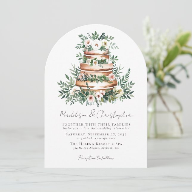 Floral Eucalyptus Cake Wedding Invitation (Standing Front)