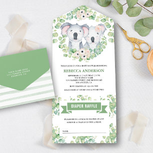 Floral Eucalyptus Cute Koala Twins Baby Shower All In One Invitation