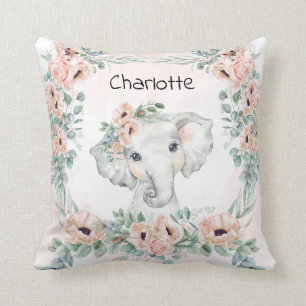 Floral Eucalyptus Elephant Baby Girl Nursery Cushion