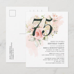 Floral Eucalyptus Foliage Pink 75th Birthday Party Invitation Postcard