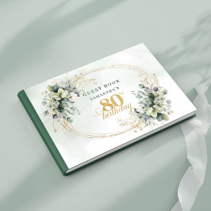 Floral Eucalyptus Gold 80th Birthday Sign In Book