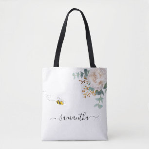 Floral Eucalyptus greenery bee name script Tote Bag