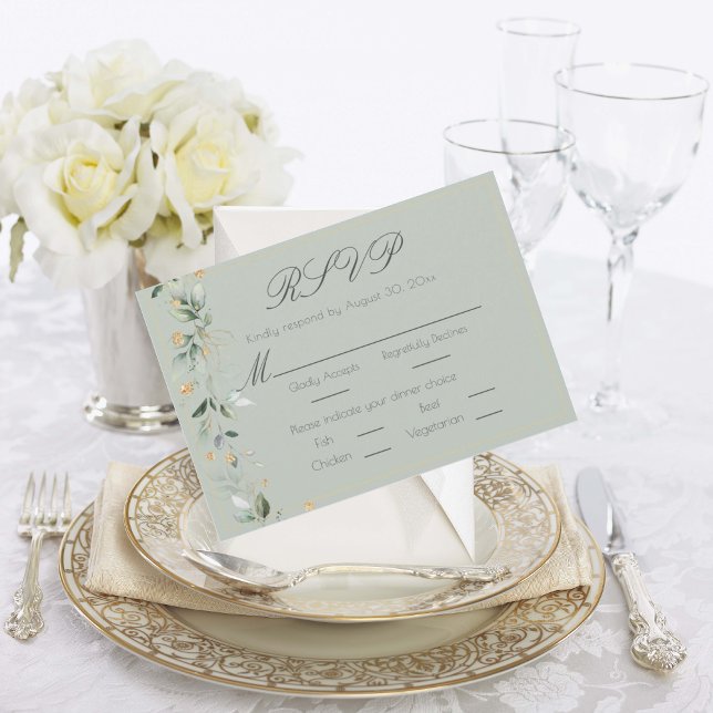 Floral Eucalyptus Greenery Gold Sage Green Wedding RSVP Card (Creator Uploaded)
