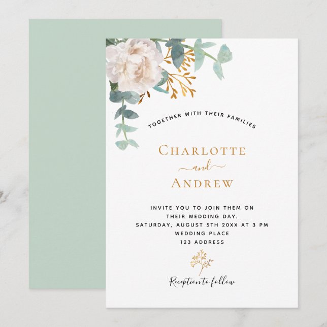 Floral eucalyptus greenery modern elegant wedding invitation (Front/Back)