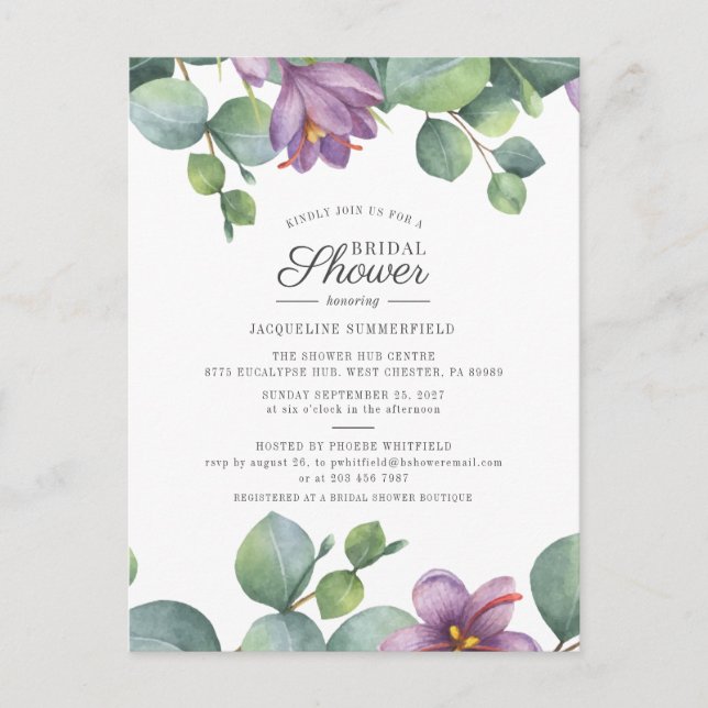Floral Eucalyptus Greenery Script Bridal Shower Invitation Postcard (Front)